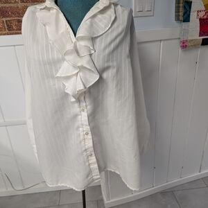 Take Nine Vintage White Striped Maternity Ruffled Bib Collar Blouse